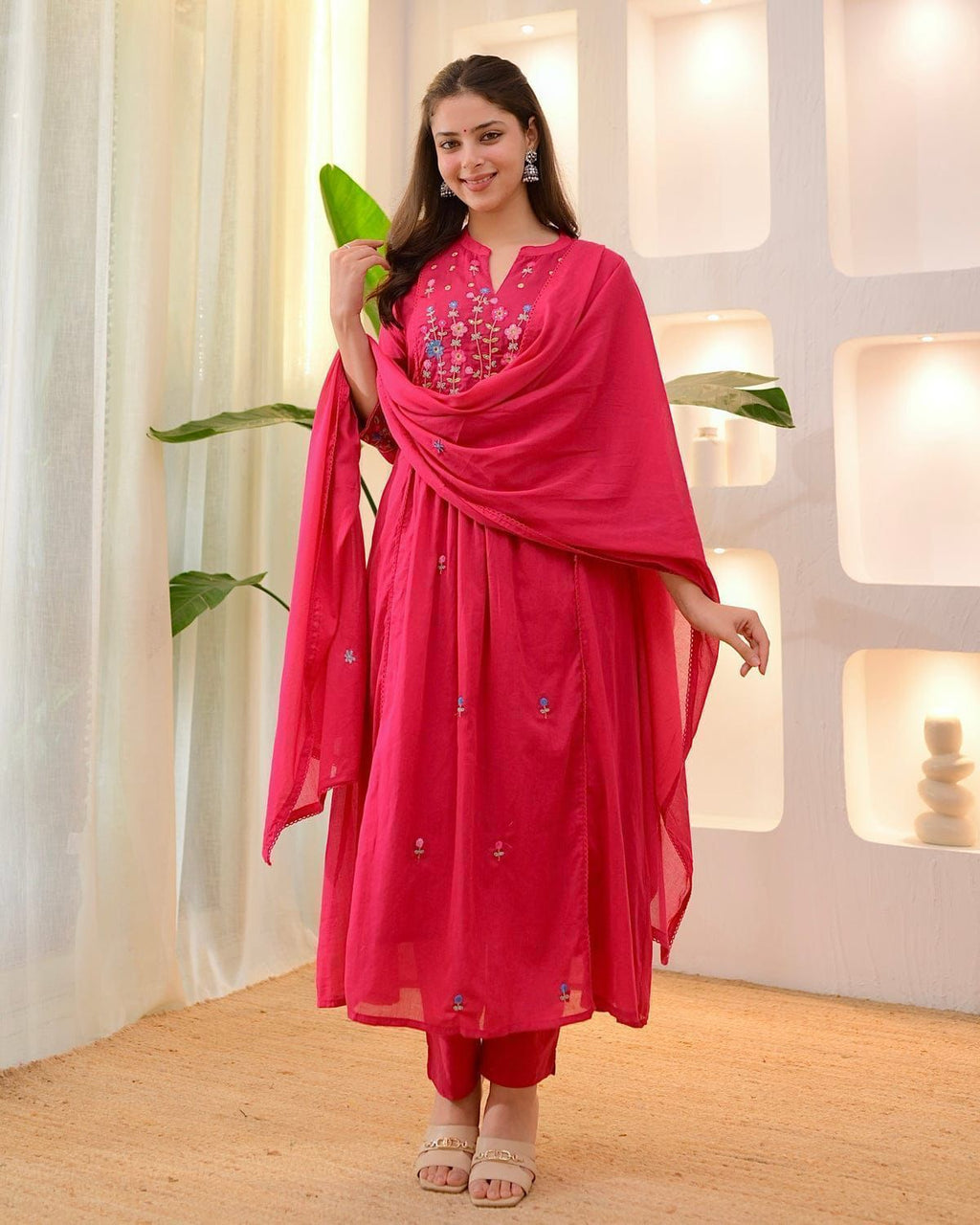 Women's Pink Floral Embroidered Anarkali Kurta with Matching Pants & Dupatta