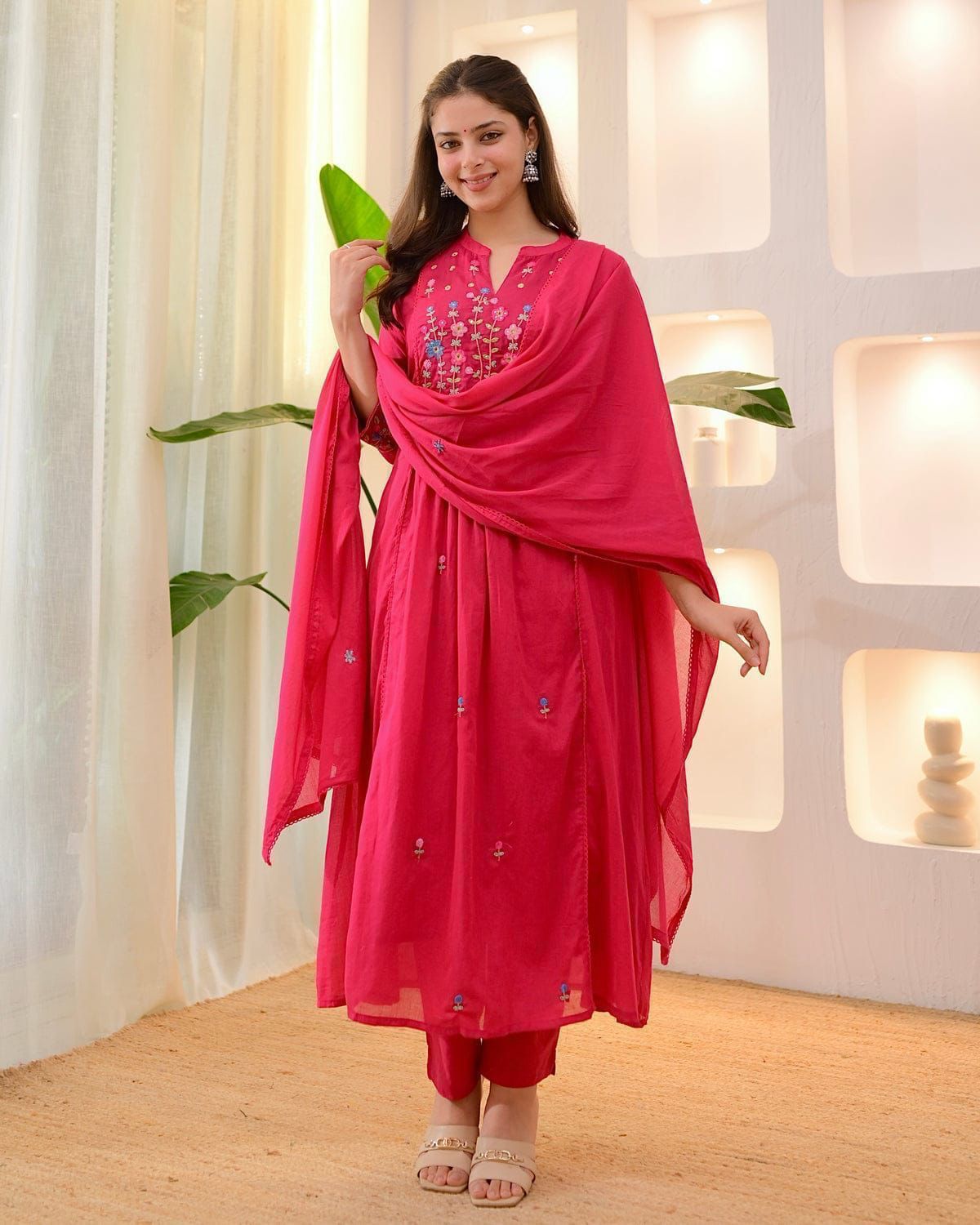 Women's Pink Floral Embroidered Anarkali Kurta with Matching Pants & Dupatta