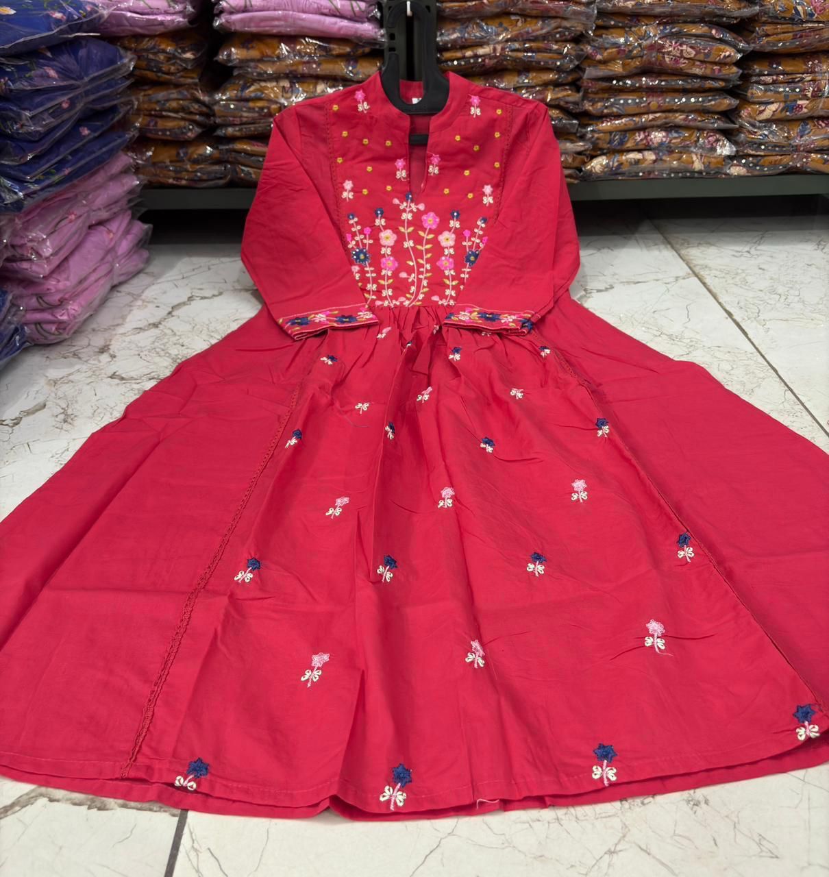 Women's Pink Floral Embroidered Anarkali Kurta with Matching Pants & Dupatta