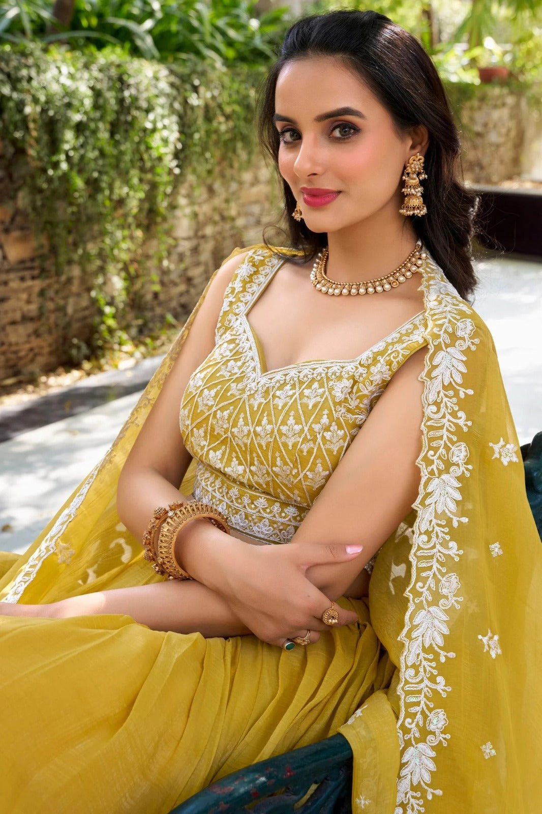Elegant Mustard Yellow Threadwork Lehenga Choli with Dupatta