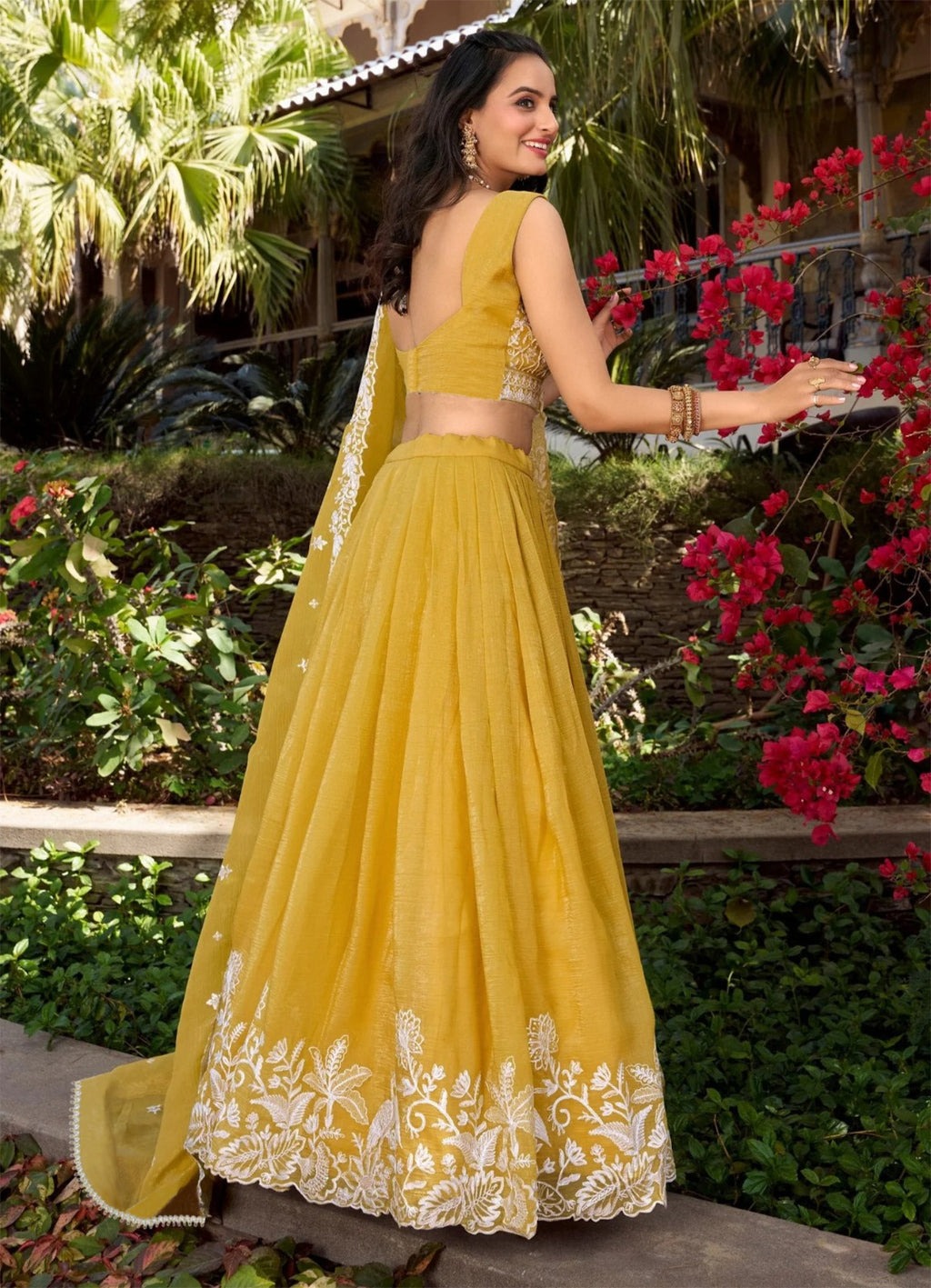 Elegant Mustard Yellow Threadwork Lehenga Choli with Dupatta