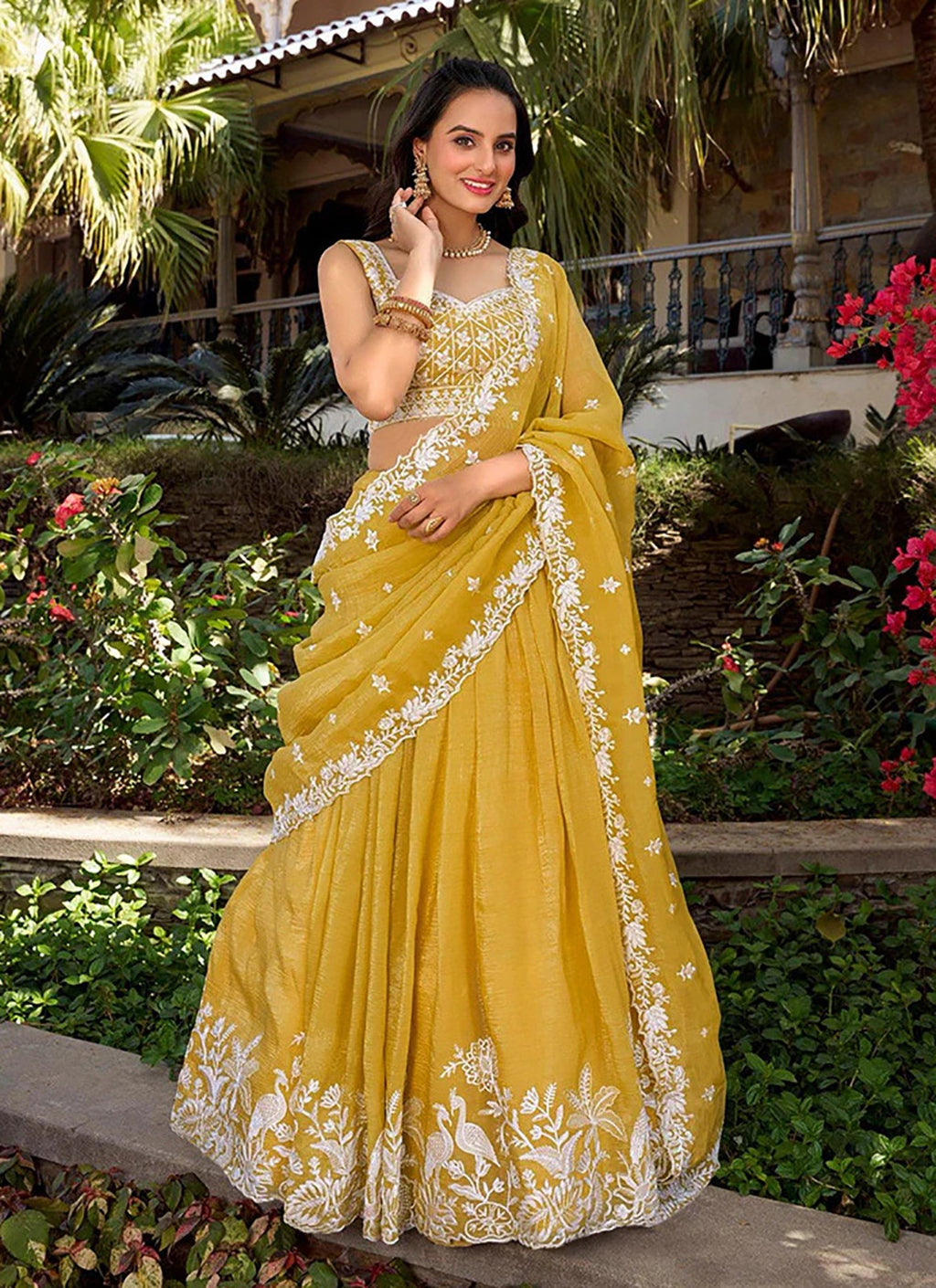 Elegant Mustard Yellow Threadwork Lehenga Choli with Dupatta