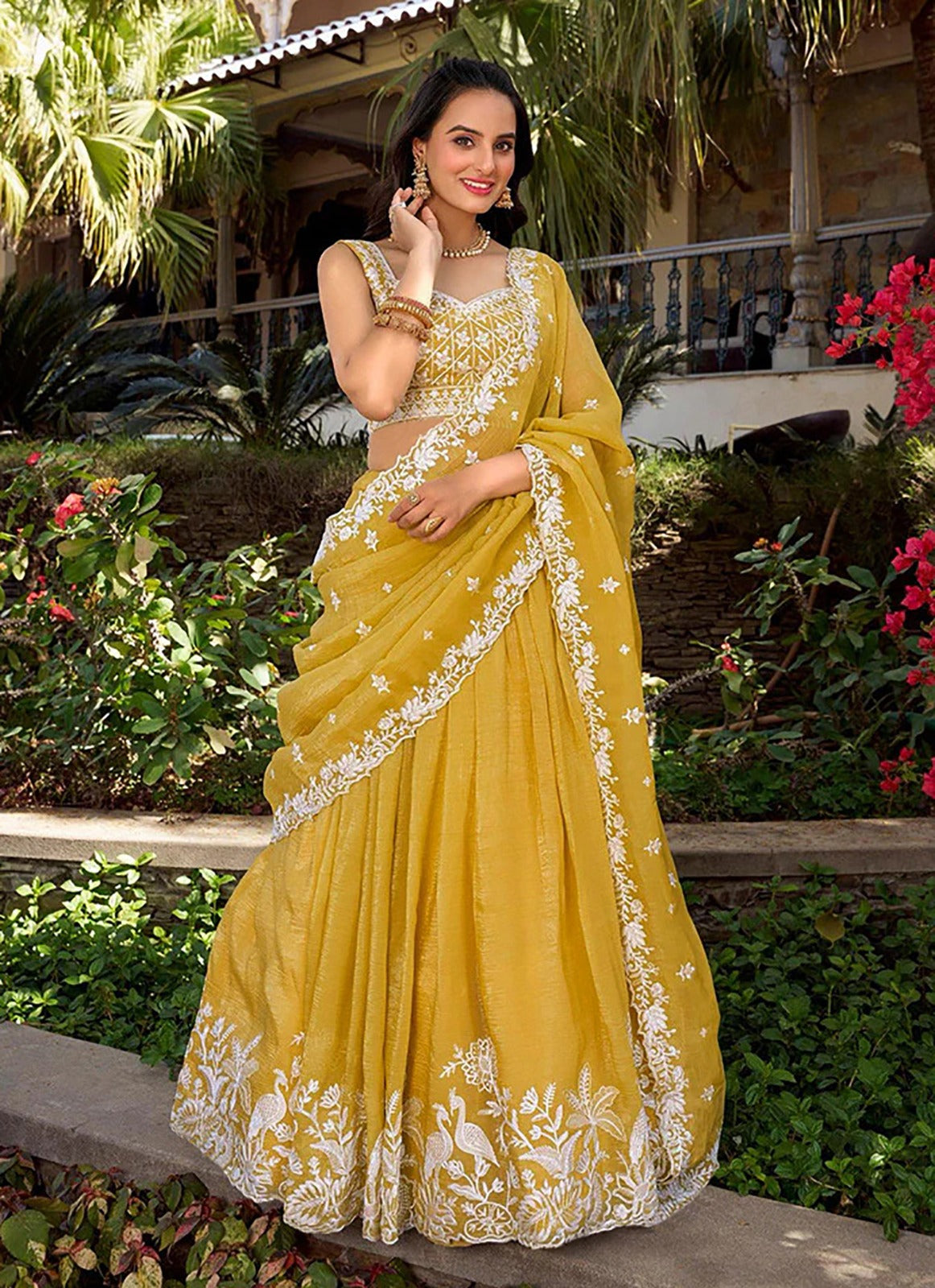 Elegant Mustard Yellow Threadwork Lehenga Choli with Dupatta