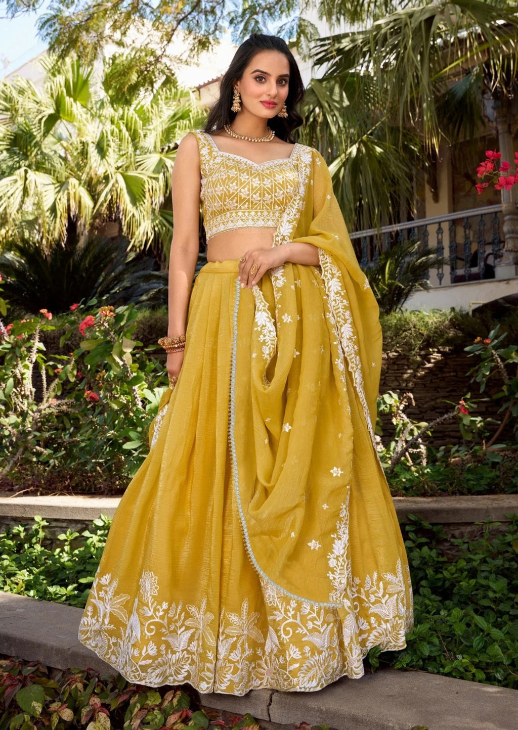 Elegant Mustard Yellow Threadwork Lehenga Choli with Dupatta