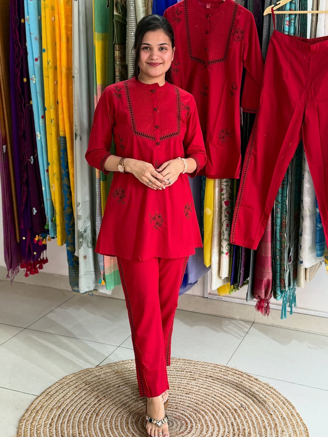 Pure cotton embroidered Co Ord Set.  Embroidered top comes with comfy pants.