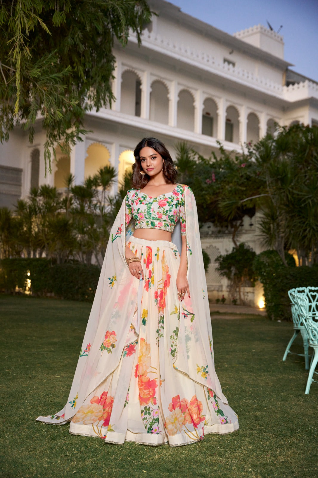 Women's Ivory Floral Printed Lehenga Set with Cape Dupatta & V-Neck Blouse