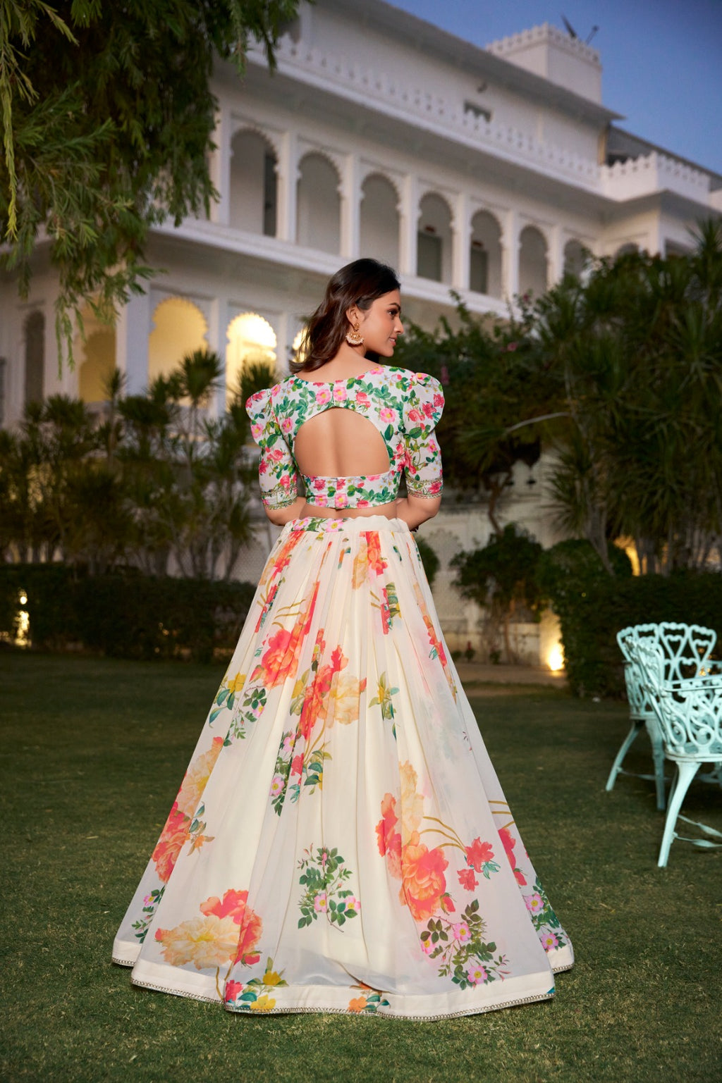Women's Ivory Floral Printed Lehenga Set with Cape Dupatta & V-Neck Blouse