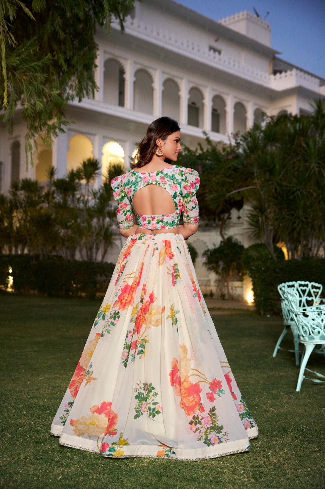 Women's Ivory Floral Printed Lehenga Set with Cape Dupatta & V-Neck Blouse
