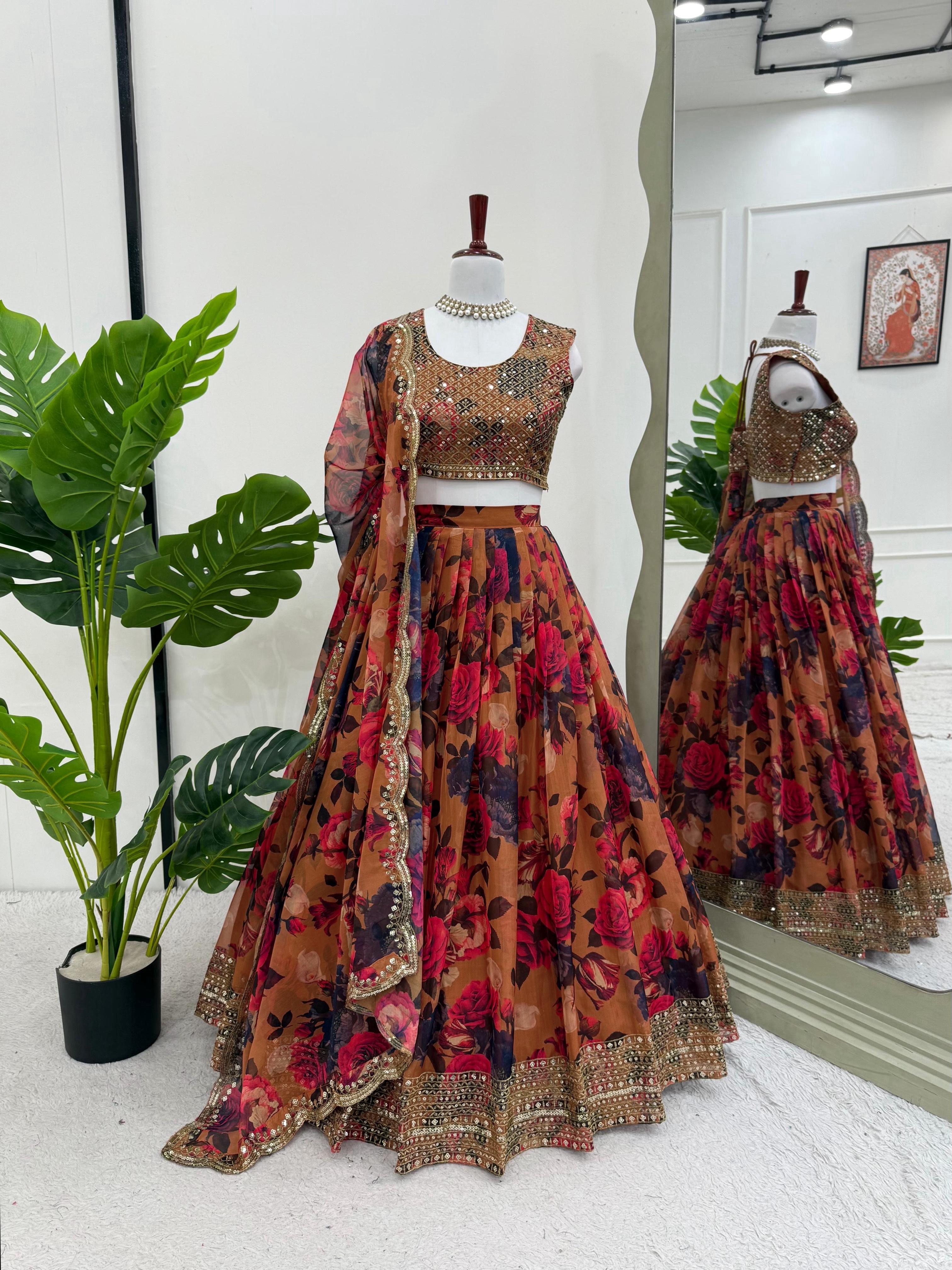 Designer Floral Printed Lehenga Choli with Embellished Dupatta