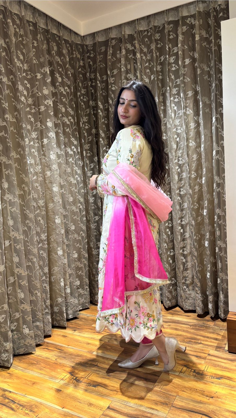 DESIGNER WEAR EMBROIDERED BOAT NECK TOP WITH TULIP SALWAAR PAIR