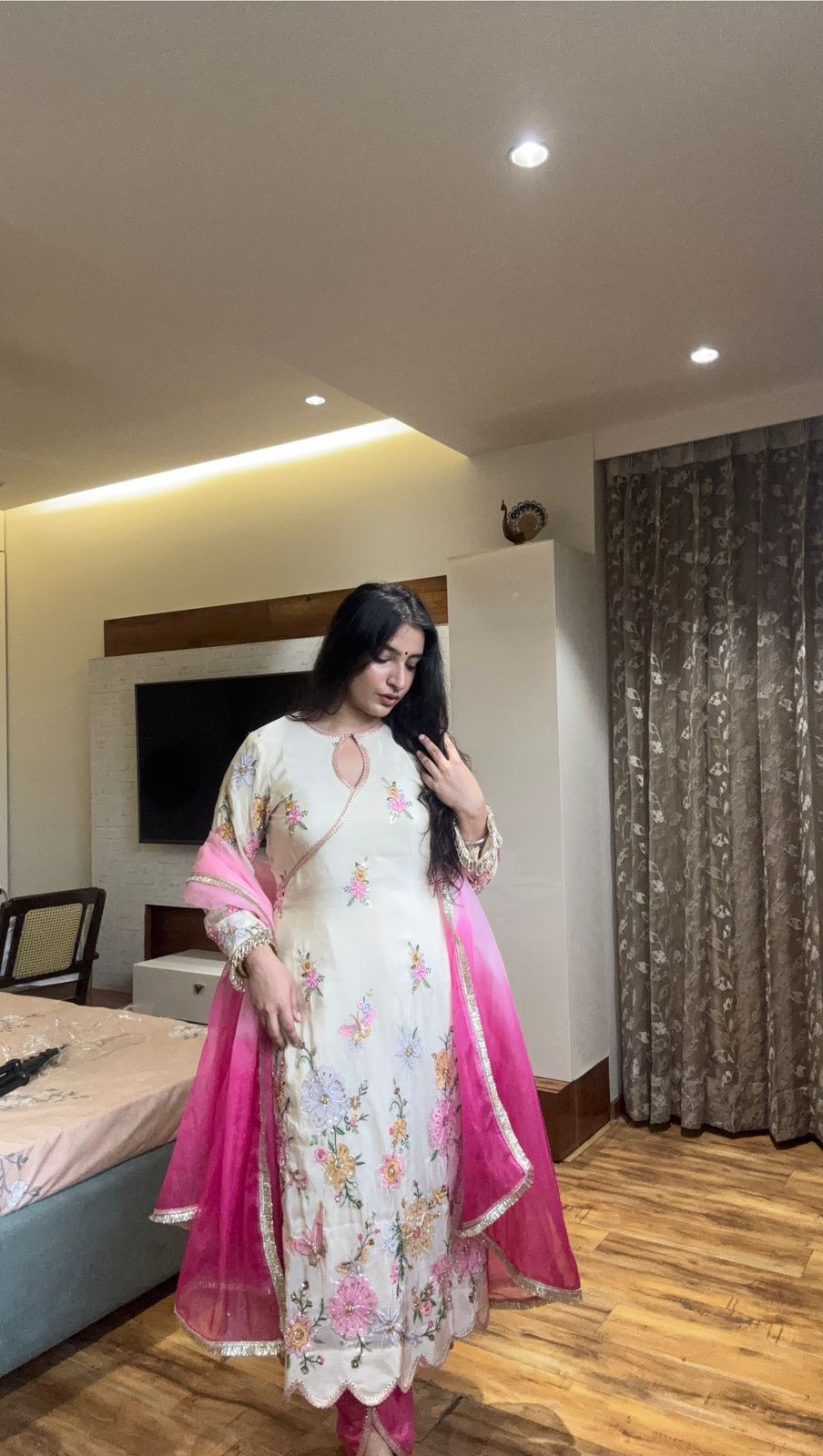 DESIGNER WEAR EMBROIDERED BOAT NECK TOP WITH TULIP SALWAAR PAIR