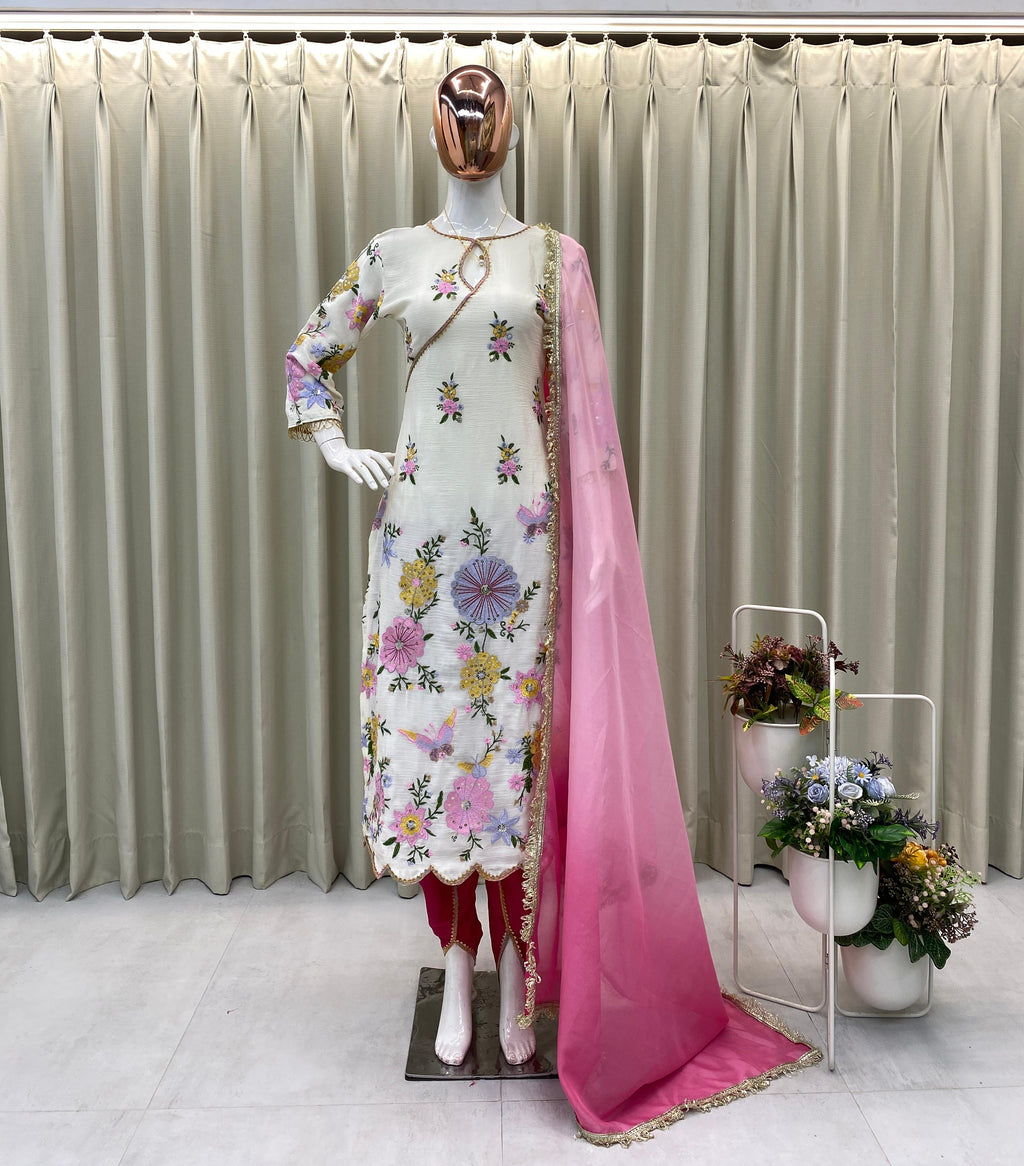 DESIGNER WEAR EMBROIDERED BOAT NECK TOP WITH TULIP SALWAAR PAIR