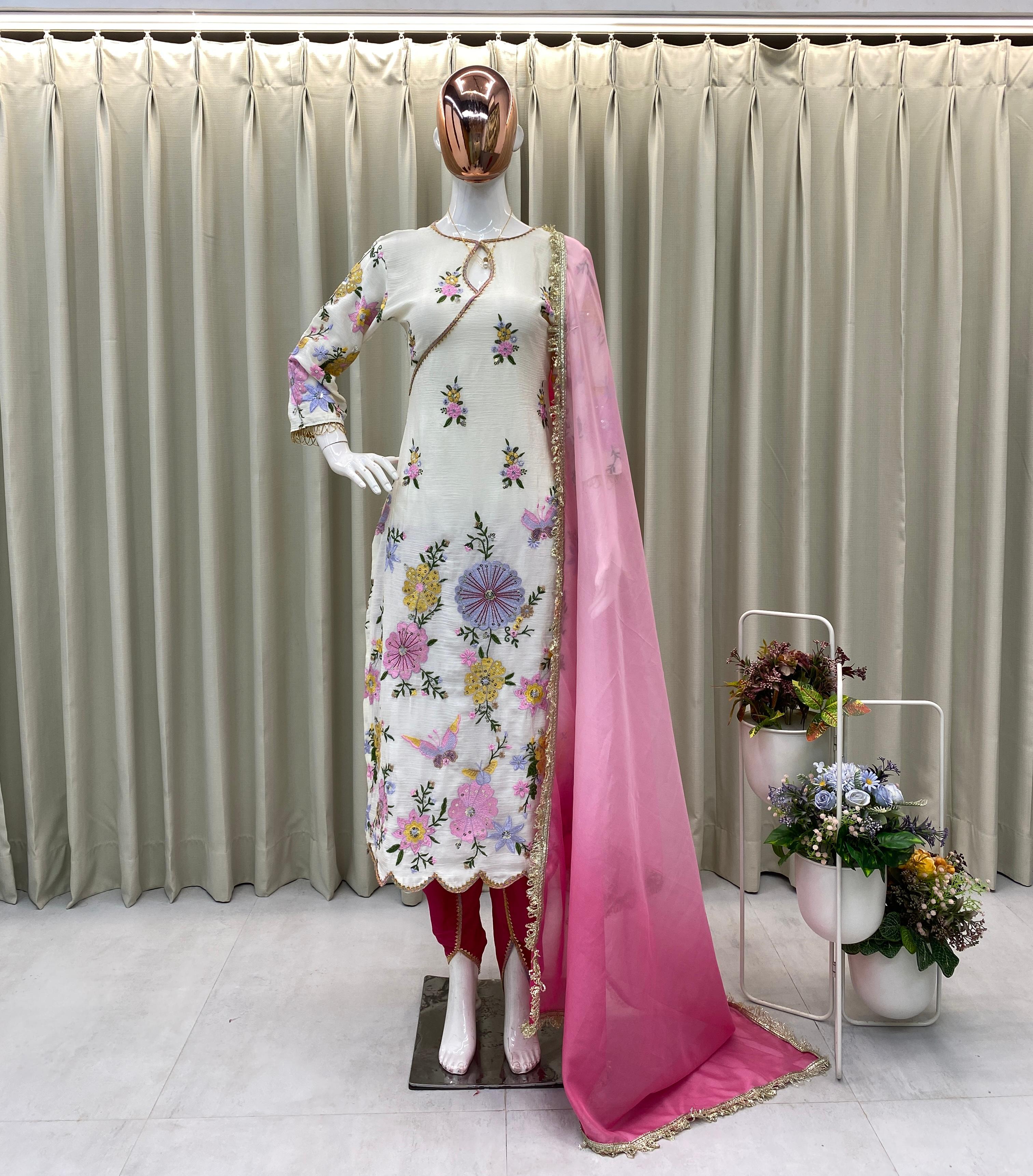 DESIGNER WEAR EMBROIDERED BOAT NECK TOP WITH TULIP SALWAAR PAIR