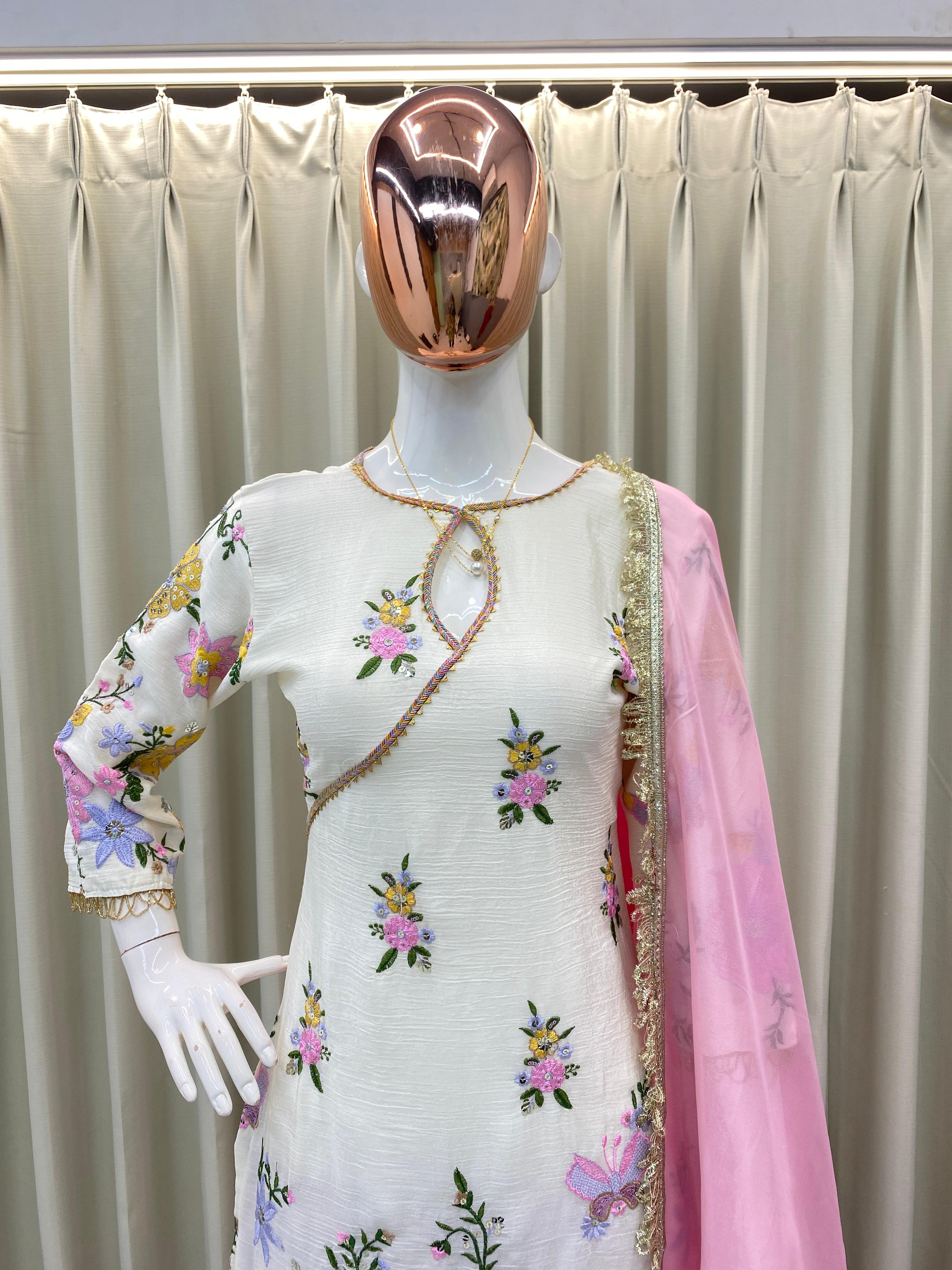 DESIGNER WEAR EMBROIDERED BOAT NECK TOP WITH TULIP SALWAAR PAIR