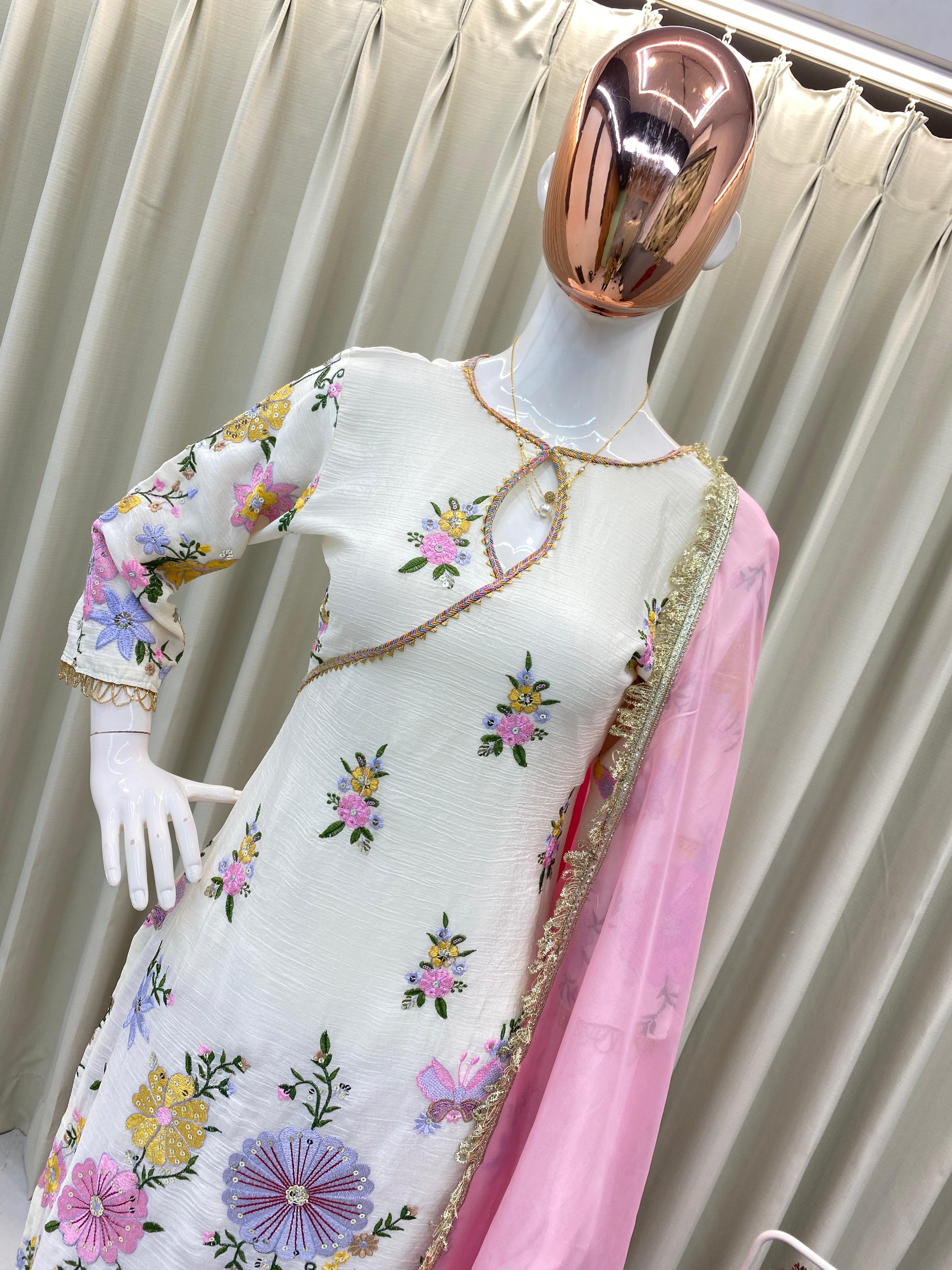 DESIGNER WEAR EMBROIDERED BOAT NECK TOP WITH TULIP SALWAAR PAIR