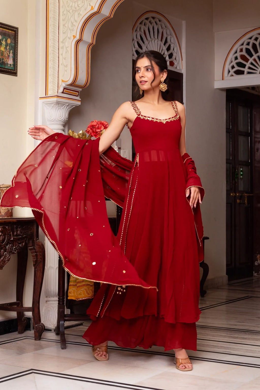 Designer Maroon Georgette Sharara Set with Embellished Dupatta