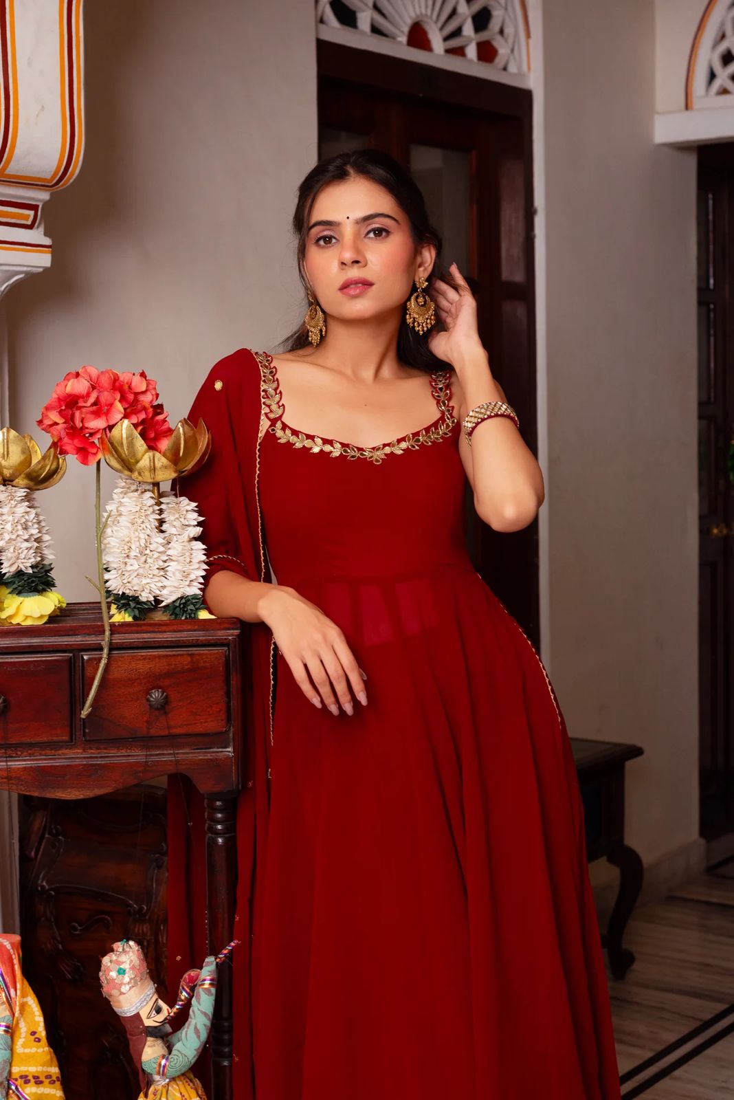 Designer Maroon Georgette Sharara Set with Embellished Dupatta