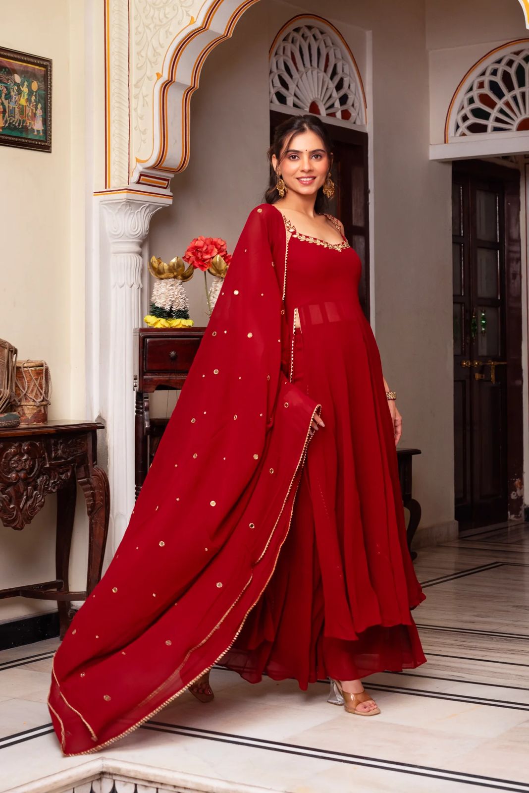 Designer Maroon Georgette Sharara Set with Embellished Dupatta