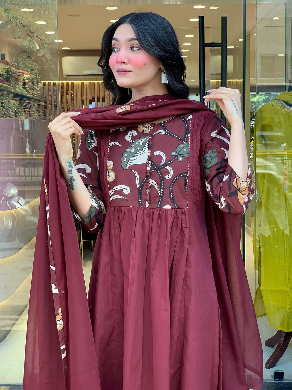 Maroon Floral Printed Anarkali Kurti with Dupatta