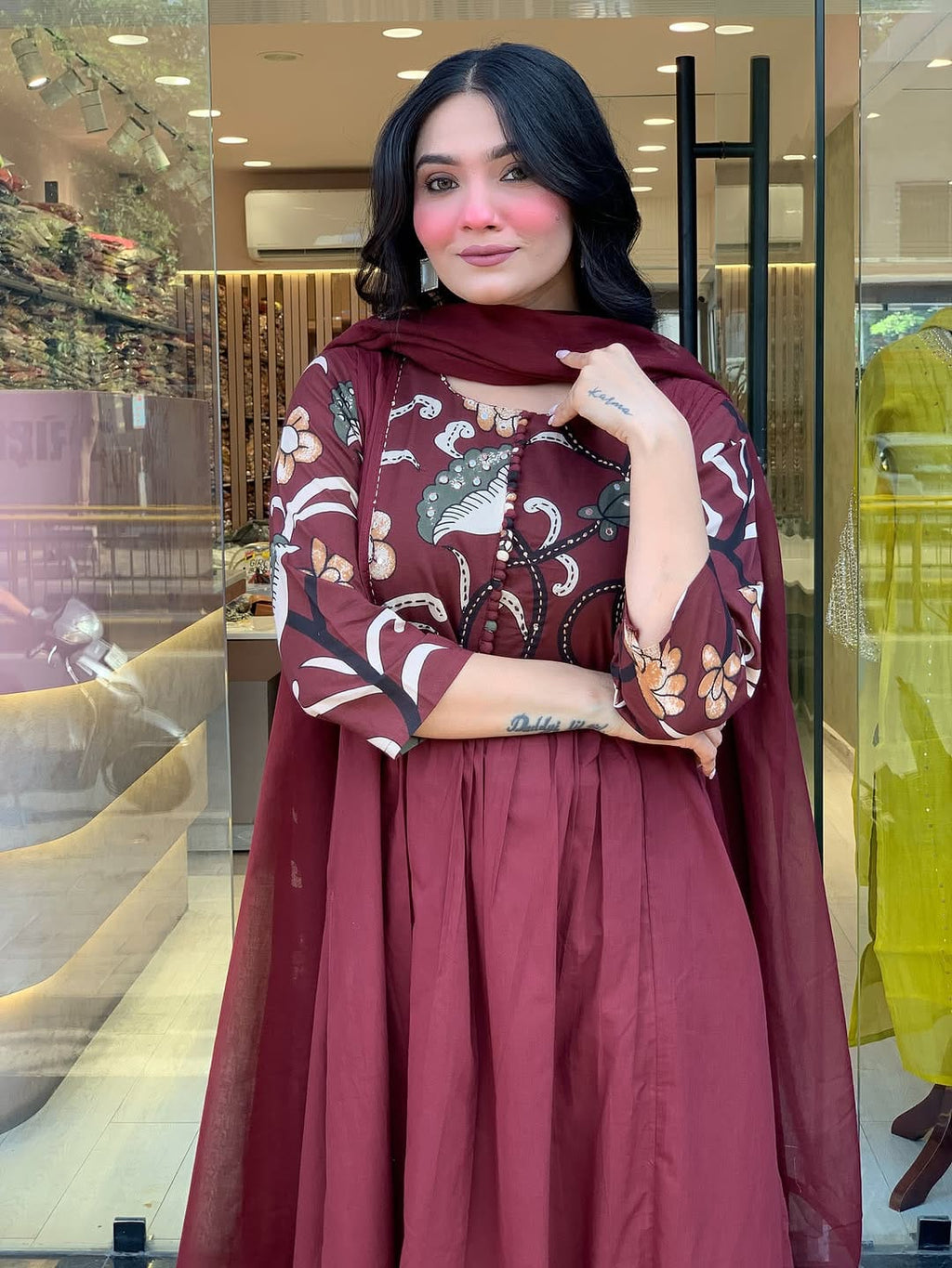 Maroon Floral Printed Anarkali Kurti with Dupatta