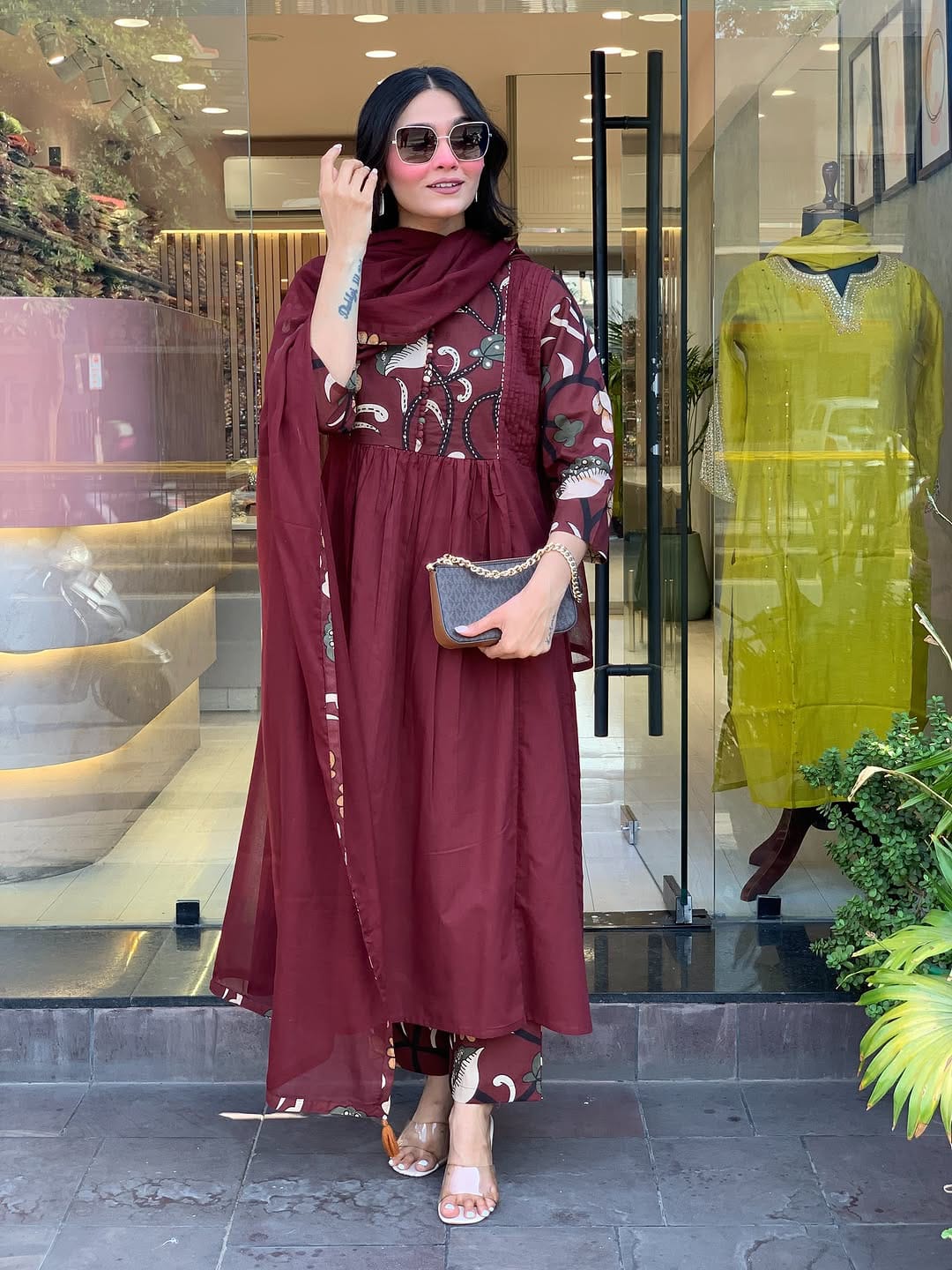 Maroon Floral Printed Anarkali Kurti with Dupatta