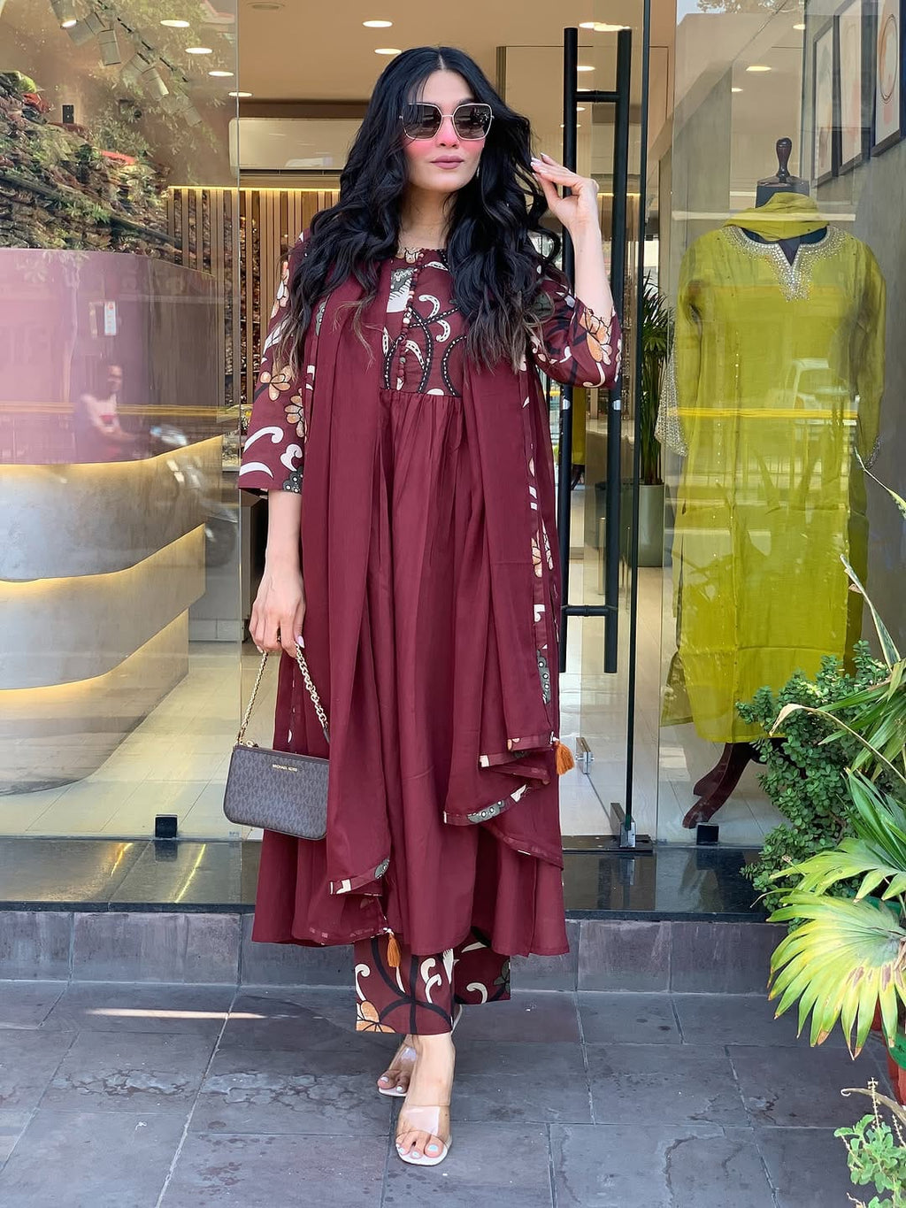 Maroon Floral Printed Anarkali Kurti with Dupatta