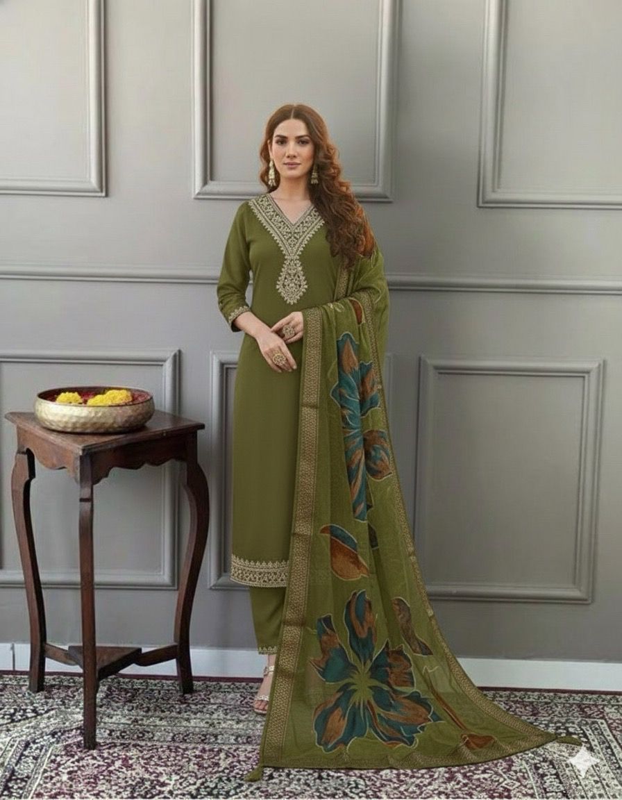 Elegant Olive  Embroidered Kurta Set with Printed Dupatta