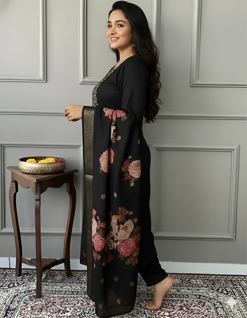 Elegant Black Floral Printed Kurta Set with Embroidered Neckline
