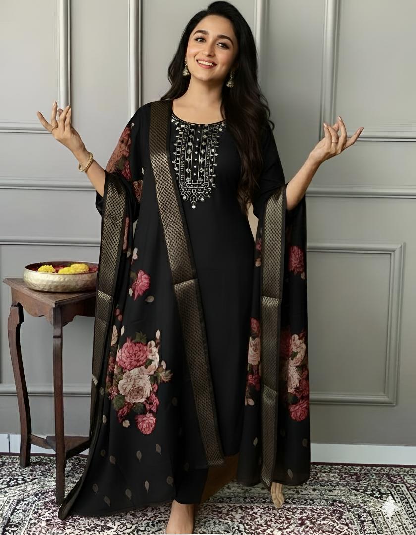 Elegant Black Floral Printed Kurta Set with Embroidered Neckline