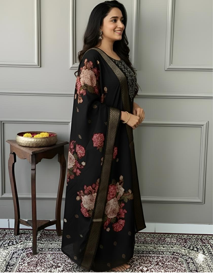 Elegant Black Floral Printed Kurta Set with Embroidered Neckline
