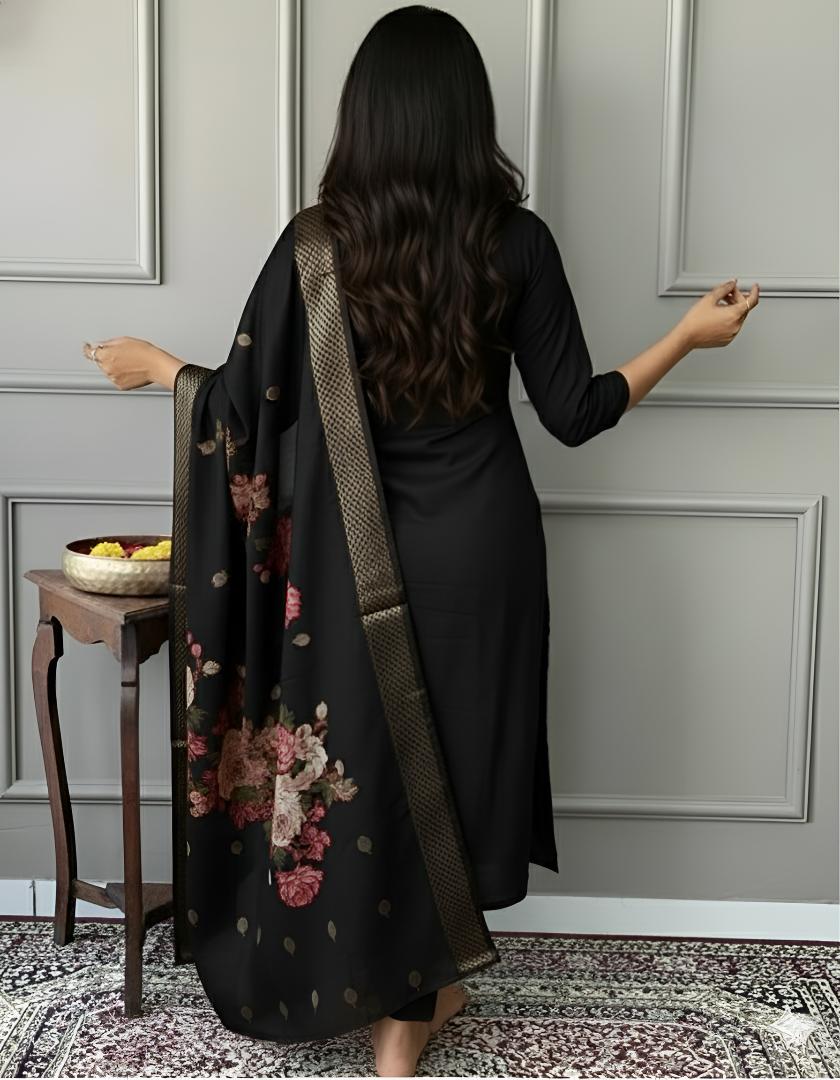 Elegant Black Floral Printed Kurta Set with Embroidered Neckline