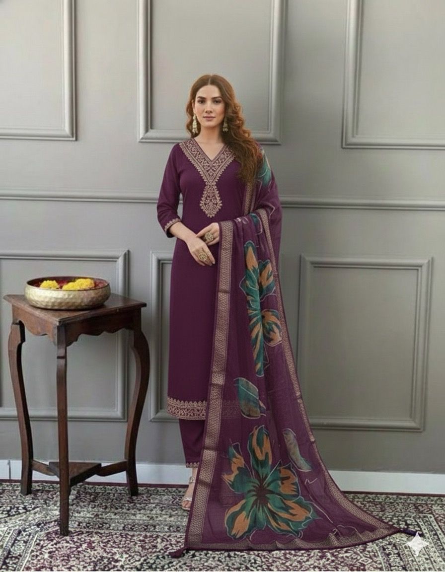 Elegant Olive  Embroidered Kurta Set with Printed Dupatta