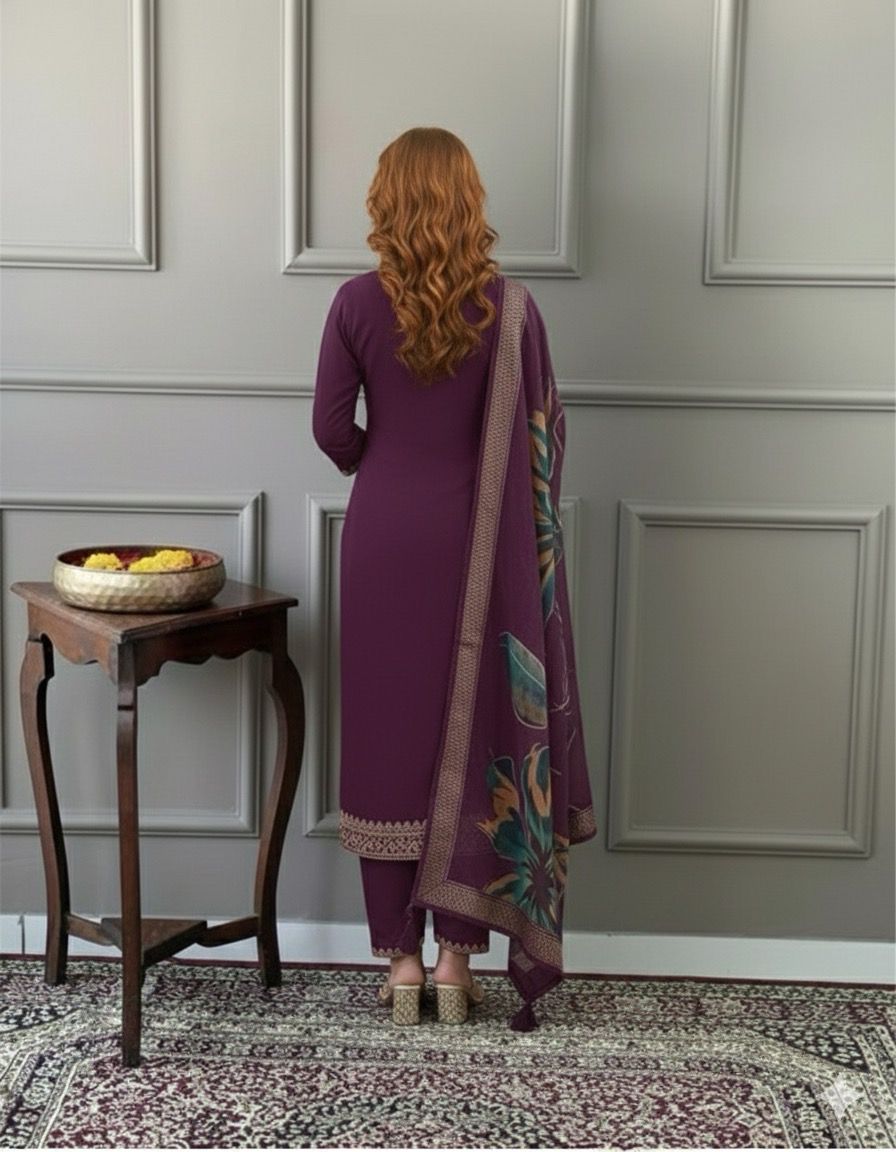 Elegant Olive  Embroidered Kurta Set with Printed Dupatta