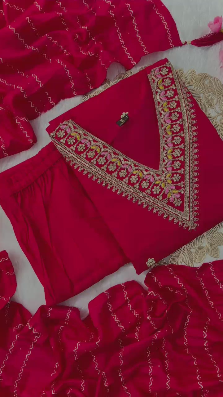 Women’s Pink V-Neck Embroidered Kurta with Matching Pants & Dupatta