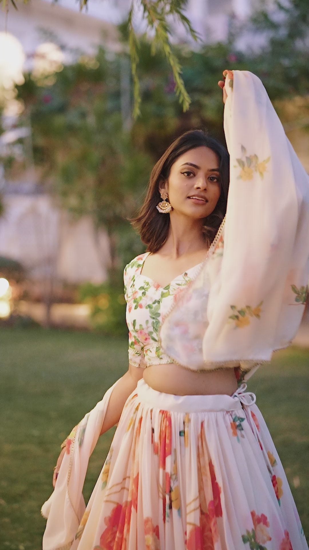 Women's Ivory Floral Printed Lehenga Set with Cape Dupatta & V-Neck Blouse